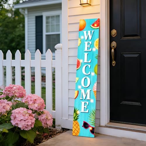 Lighted Summer Welcome Porch Sign 47x7.8 Inch Tall Vertical Wooden Decorative Sign Hanging Standing Front Door Sign with Fruit Pattern for Indoor Outdoor Hello Summer Decor - Image 4
