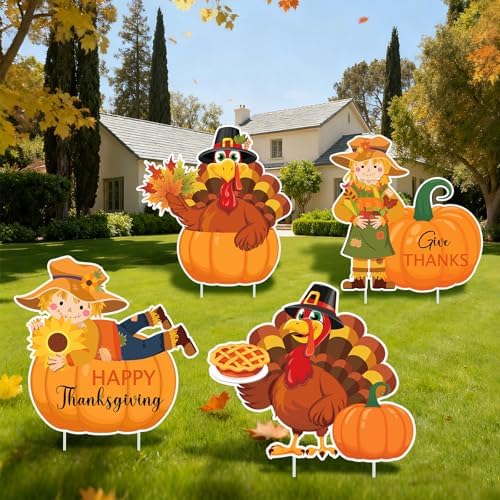 4Pcs Thanksgiving Outdoor Decorations Turkey Scarecrow Pumpkin Yard Signs with Stakes, Outdoor Thanksgiving Yard Decorations for Home Lawn Patio Garden Harvest Party by Yewfold