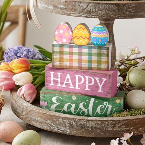 Lineshading 4 Pcs Easter Wooden Block Signs, Farmhouse Tiered Tray Decor - Image 2