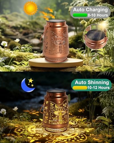 2 Pack Mushroom Solar Lanterns Outdoor Waterproof, Garden Decor Birthday Gifts for Women Mom Grandma Sister, Metal Hanging Solar Lights Outside Decorative for Backyard Patio Lawn Pathway Landscape - Image 4
