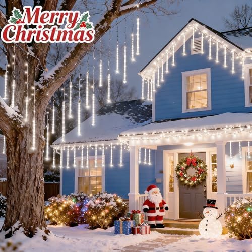 12inch 8 Tubes,Meteor Shower Lights Outdoor Solar Powered,IP65 Waterproof Falling Rain Lights,Auto On/Off String Lights for Christmas Tree Garden Patio Wedding Party Holiday Decorations - Image 2