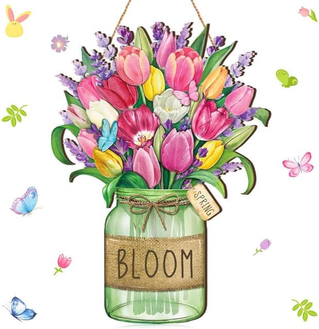 Boao Spring Door Sign Decor Tulip Flower Wooden Hanging Sign for Front Door Rustic Spring Plaque Floral Wall Hanger for Party Outdoor Indoor Home Decor by Boao