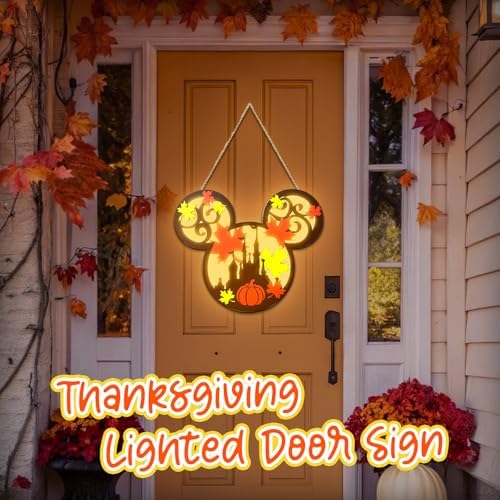 Fall Wreath Mouse Pumpkin Lantern Thanksgiving Door Hanging Sign with Light - Image 4