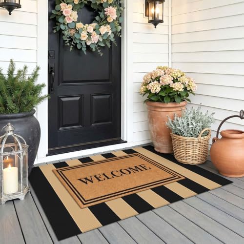 KOZYFLY Brown Black Striped Rug 27.5x43 in Woven Washable Front Door Mat - Image 2