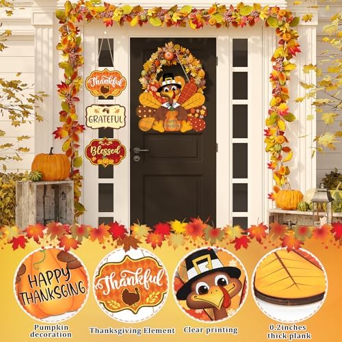 Thanksgiving Decoration Wood Pumpkin Turkey Door Wall Wreath for Front Door Sign Thankful Blessed Grateful, Pumpkin Sign for Fall Autumn Harvest Home Thanksgiving Party Outdoor Halloween Decoration - Image 2