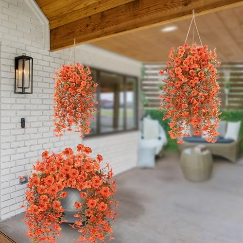 Artificial Fake Hanging Flowers Fall Plants for Outdoor Outside Autumn Decoration 2PCS Faux Silk UV Resistant Realistic with Eucalyptus for Home Thanksgiving Harvest Porch Patio Balcony(Fall Orange) - Image 5
