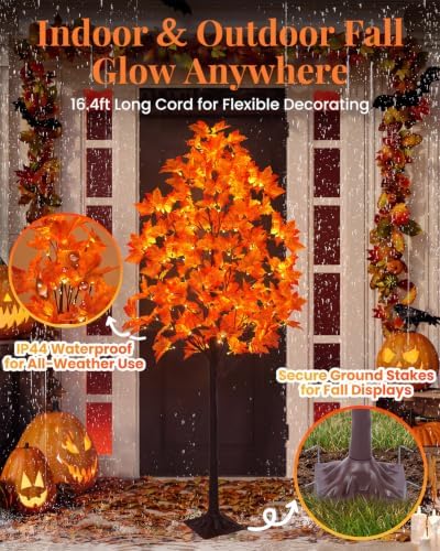 2 Pack 5FT Artificial Lighted Maple Tree with 96 LED & 192 Ultra-Dense Maple Leaves - Fall Decorations Maple Tree with Timer & Warm White Light for Thanksgiving Autumn Decor Indoor Outdoor - Image 6