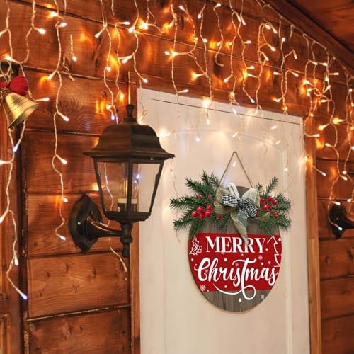 Xmas Door Wreath Hanger Wooden Welcome Door Sign for Front Door Winter Holiday Outdoor Hanging Sign with Bow Farmhouse Indoors Wall Sign Christma Decorations - Image 4