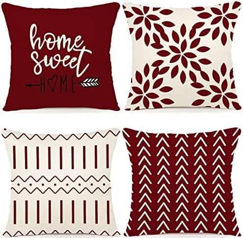 YCOLL Christmas Pillow Covers 16x16 Set of 4, Modern Sofa Throw Pillow Cover for Christmas Decor, Decorative Outdoor Linen Fabric Pillow Case for Couch Bed Car, Wine Red by PillowCoversExpert