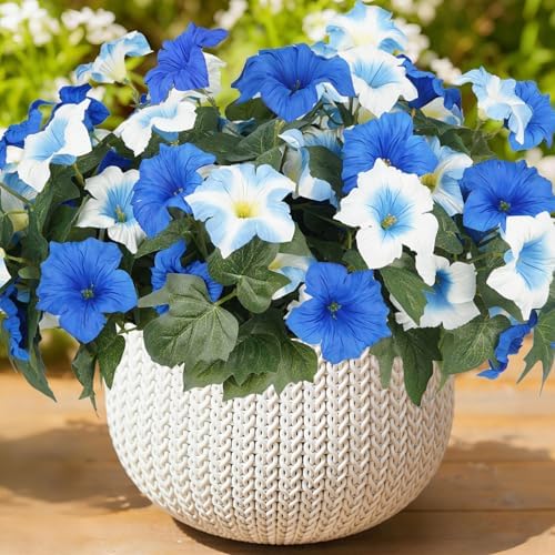 Artificial Flowers for Outdoors, Faux Petunias Spring Summer Decoration, Fake Flowers Plants UV Resistant Look Real Silk Flowers for Outside Planter Front Door Porch Patio Yard (6, Blue-White) by ArtistryThatNeverWithers