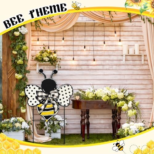 Weysat Summer Yard Sign Polka Dot Bee Metal Decoration Outdoor 13.7 Inch Summer Decoration for Home Outdoor Honey Bee Welcome Porch Decor with Stakes Waterproof for Garden Patio Lawn Party Walkway - Image 2