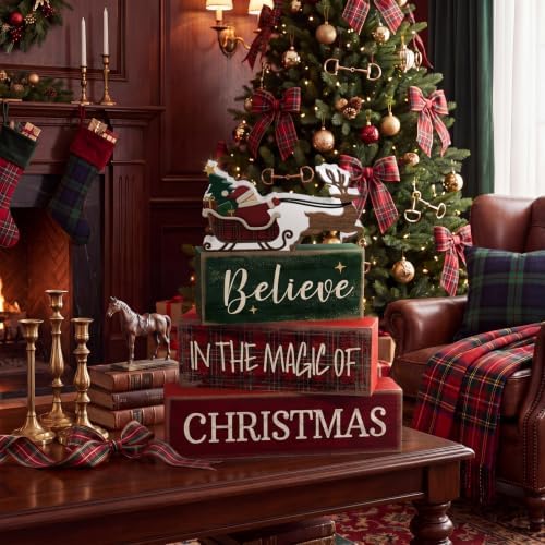 Moucuny 4 Pcs Christmas Table Decoration Plaid Santa Sleigh Stacked Wooden Sign Decor Rustic Christmas Tiered Tray Decor Santa Claus Elk Block Sign Gift Farmhouse Xmas Centerpiece for Home Kitchen - Image 3