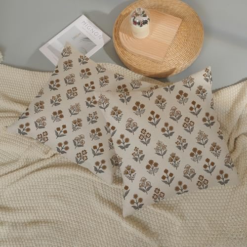 Brown Grey Pillow Covers 18x18 Inch 2 Pcs Gray Block Print Vintage Floral Decor Throw Pillows Boho Flower Spring Summer Outdoor Seasonal Decoration Pillowcase Linen Cushion Cover for Couch Sofa - Image 5