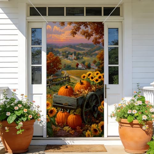 NYZE Fall Pumpkin Door Cover, Autumn Sunflower Cart Harvest Door Banner, Farmhouse Pumpkin Sunflower Door Cover for Indoor Outdoor Porch - Image 6