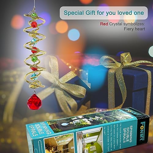 FONMY Gazing Ball Spiral Tail Decorative Wind Spinner Sun Catcher Rainbow Maker Golden Double-Spiral W/Red Crystal Ball and Chain Crystals for Indoor Outdoor Garden Decoration -14 inch H - Image 2