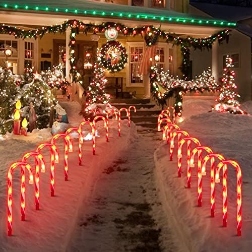 LAMPHOME 20Pack 12" Christmas Candy Cane Pathway Markers, Xmas Pathway Lights Outdoor with 200 Lights for Walkway Garden Lawn Holiday Decorations by ULL