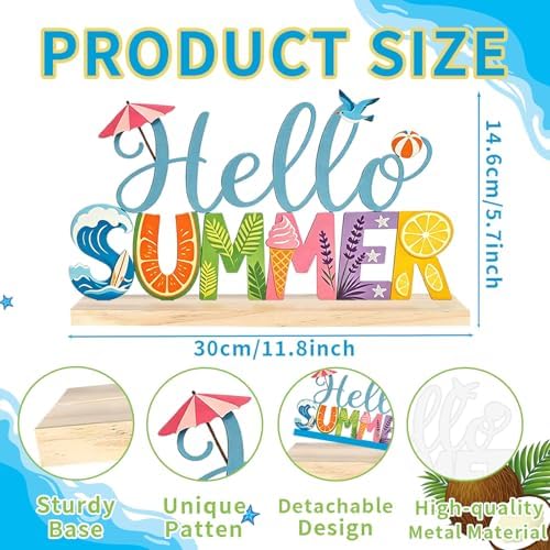 Hello Summer Sign Funny Metal Summer Decor Table Centerpiece Decoration With Wood Base for Home Patio Shelf Outdoor Indoor Office Bar Party 11.8×5.7 Inch - Image 2