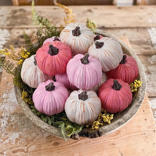 Geelin 12 Pcs Pink Rustic Fall Pumpkin Decor Resin Pumpkins for Thanksgiving Decorations Farmhouse Decorative Pumpkins 2.36" for Fall Home Decor Autumn Tabletop Centerpiece Harvest Wedding by Geelin