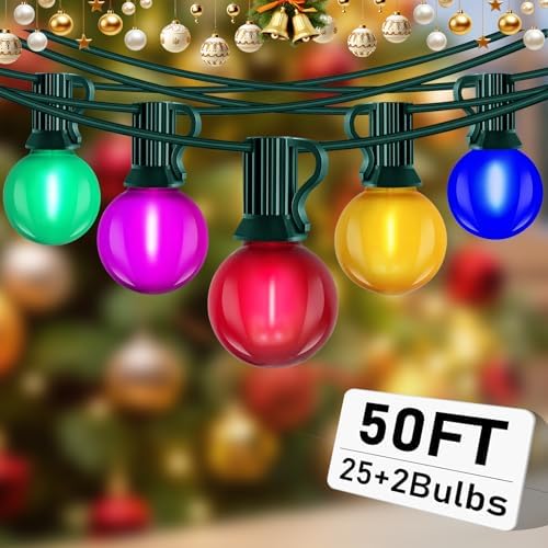 50Ft G40 LED Multicolor Christmas Lights Outdoor, Shatterproof Frosted Globe String Lights with 27 Ceramic Bulbs(2 Spare), Waterproof Hanging Patio Lights for Bistro Porch Party Holiday Decorations by Abeja
