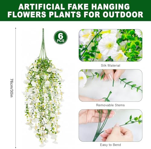 6 Pcs White Artificial Hanging Flowers 30 Inch Morning Glory Vines UV Resistant Fake Hanging Plants Silk Hanging Flowers for Outdoor Porch Window Garden Wedding Farmhouse Home Decor - Image 2