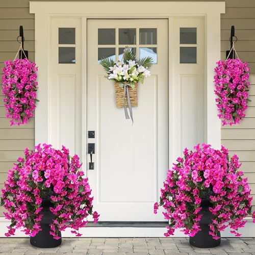 Sggvecsy Artificial Fake Hanging Flowers Plants for Outdoor Outside Spring Summer Decoration 4PCS Faux Silk UV Resistant Realistic Morning Glory Trailing Vines for Home Porch Patio Balcony(Purple red) - Image 3