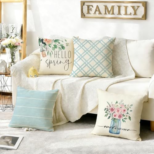 RABUSOFA Spring Summer Pillow Covers 20x20 Inch Set of 4 Waterproof Outdoor Spring Summer Decorations for Home,Blue Farmhouse Decor Throw Decorative Pillows for Couch Patio - Image 5