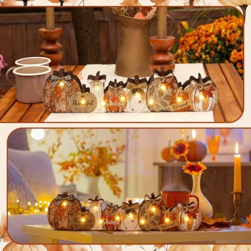 Yousoontic Fall Table Decorations, Light up Pumpkin Table Centerpieces Rustic Wooden Sign Decor with LED Lights 3D Block Pumpkin Decor for Autumn Thanksgiving Harvest Farmhouse Home Mantel Desk Party - Image 5