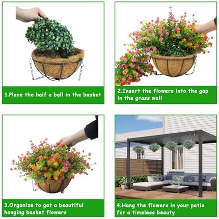 Artificial Hanging Plants Flowers with Basket 2 Packs, Artificial Hanging Flowers for Outdoors, Faux Hanging Plants Outdoor, Yellow+Purple+White+Orange+Pink+Red - Image 4