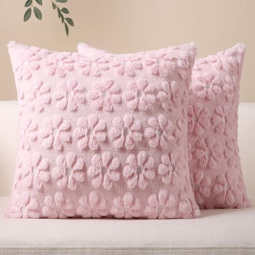 Softalker Spring Summer Throw Pillow Covers 18 x 18 Inch Set of 2, Farmhouse Decorative Floral Daisy Soft Faux Fur Cushion Covers, 3D Pillow Cases for Couch Bedroom Living Sofa Room Home Decor, Pink by Softalker