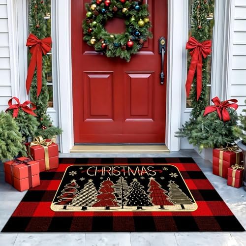 Christmas Outdoor Rug Set, Christmas Tree Door Mat Combo Set, Welcome Mat + 28 x 43 inch Red Black Buffalo Plaid Rugs, Checkered Christmas Trees Rug for Porch Entryway Winter Holiday Outdoor Decor - Image 3