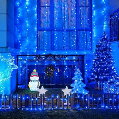 LAMPHOME 33FT 100 LED Blue Christmas Lights,16 Modes Connectable Fairy String Lights, Plug in Indoor Outdoor Blue Lights for Xmas Tree, Party, Garden, Hanukkah, Independence Day Patriotic Patio Decor - Image 4