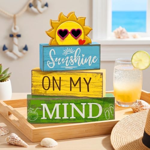 Lineshading 4 Pcs Summer Wooden Block Signs Table Decor Sunshine - Image 5