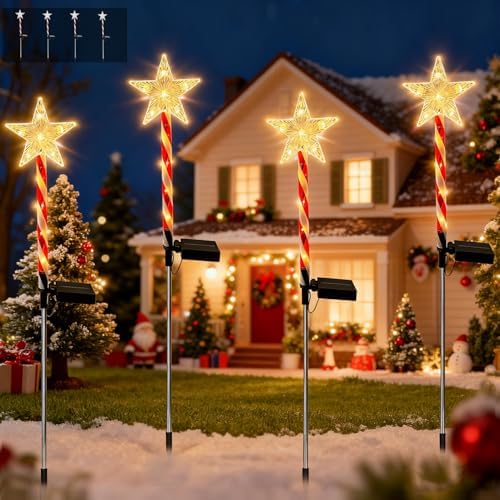 4 Pack Tangle-Free Installation Christmas Solar Pathway Lights Outdoor Decorations, 8 Modes Star Candy Garden Stake Lights Waterproof for Walkway Yard Lawn Porch Holiday Decor (Warm White) by FISHOPE