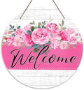 Welcome Door Sign, Flower Decor Wooden Sign Round Decorative Wall Plaque, Blush Pink Floral Welcome Sign for Front Door, Farmhouse Porch Yard Hanging Sign Outdoor Decorations -01 by HEZNZXQ