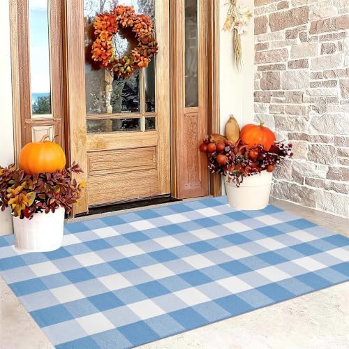 Washable 3'x5'Outdoor Rug, Light Blue White Buffalo Plaid Front Door Mat - Image 6