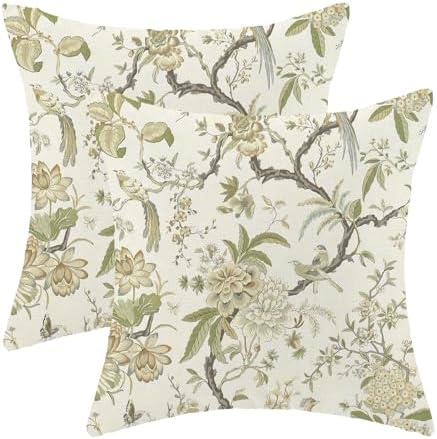 CXMEIFLY Spring Floral Birds Pillow Covers 20 x 20 Inch Set of 2 for Chinoiserie Flowers Decor Throw Pillows Sage Green Plant Outdoor Decorative Cushion Cases for Couch Bed Decorations by CXMEIFLY