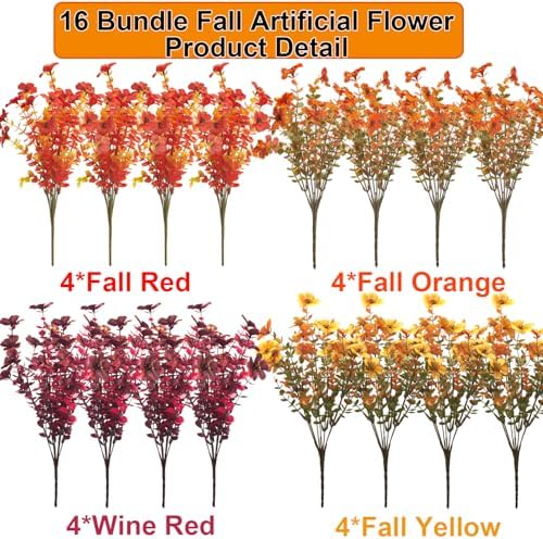 Grunyia 16 Bundles Artificial Fall Flowers Outdoor UV Resistant Faux Daisy, Colorful No Fade Autumn Decor for Front Door Porch Patio Yard Balcony Thanksgiving Christmas (Fall Mix) - Image 4