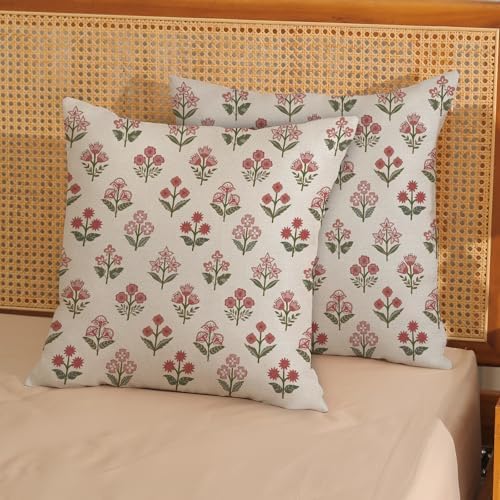 Preppy Pink Green Pillow Covers 18x18 Inch 2 Pcs Block Print Vintage Floral Decor Throw Pillows Boho Flower Spring Summer Outdoor Seasonal Decoration Pillowcase Linen Cushion Cover for Couch - Image 2