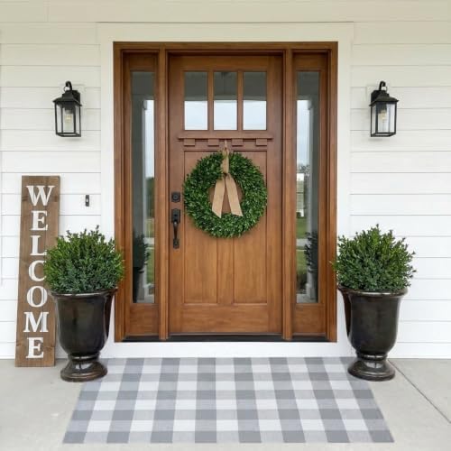 MUBIN Cotton Buffalo Plaid Rug, 3' x 5' Gray White Outdoor Rug Front Door Decorative Mat, Washable Doormat Hand-Woven Foldable Area Rug Layered Door Mats Rug for Front Porch, Entryway, Patio - Image 2