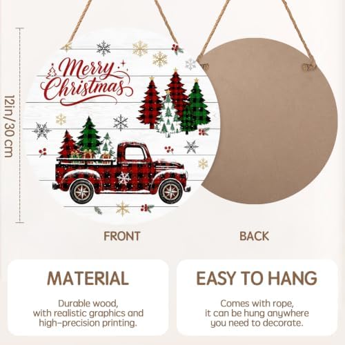 Merry Christmas Sign for Front Door Decor Winter Snowflake Truck Round Outdoor Hanging Wooden Door Sign for Porch Xmas Holiday Farmhouse Wreath Hanger Sign for Outside Indoor Wall Decoration 12"X12" - Image 2