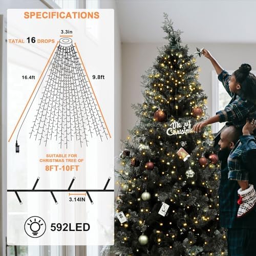 BOLWEO Christmas Tree Lights, 592LED 16 Lines Christmas Lights for Tree 8 Modes for 8ft-10ft Christmas Tree, UL Certified Indoor Outdoor Christmas Decorations 16 * 9.8ft Drops Warm White - Image 6