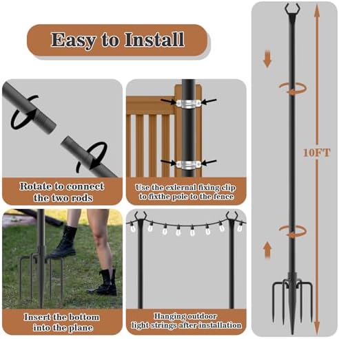 NUERPO 6 Pack String Light Poles,Metal Poles for Hanging Outdoor Light Strings,6 Pack 10 FT Light Poles Stand for Outside Garden,Patio,Wedding,Backyard,Deck,Party - Image 7