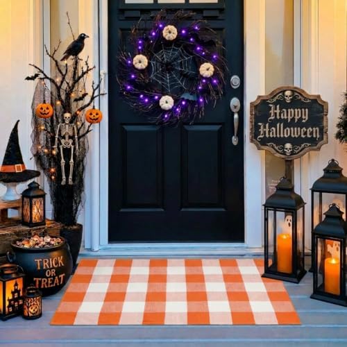MUBIN Fall Decor Cotton Buffalo Plaid Rug, 27.5x43 Orange White Outdoor Rug Front Door Decorative Mat, Washable Halloween Doormat Foldable Area Rug Layered Door Mats Rug for Front Porch, Entryway - Image 3