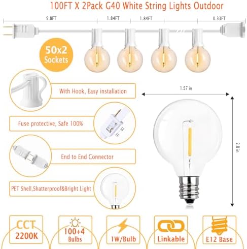 200Ft White String Lights for Outside Patio Light Waterproof with 104 Bulbs - Image 6