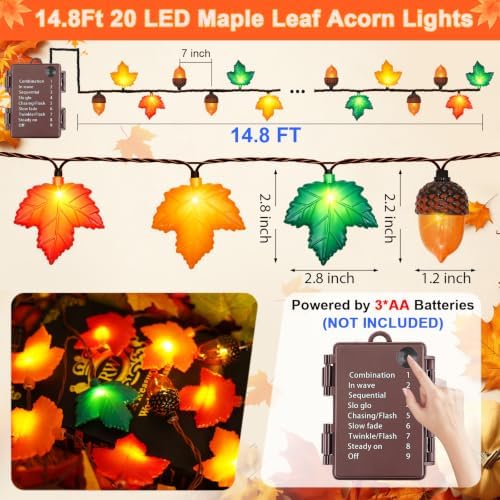 Fall Lights Battery Operated, 16.4FT 20 LED Fall String Lights with 3D Acorns and 3D Maple Leaves LED Autumn Lights with Timer 8 Modes for Autumn Thanksgiving Indoor Outdoor Fall Decor - Image 2
