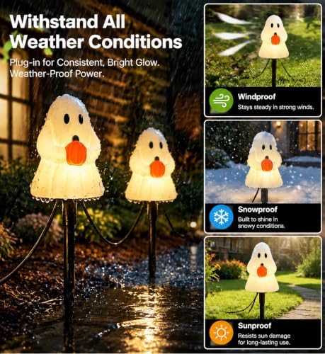 10.5FT Halloween Ghost Pathway Lights, 5 PK Plug in LED Ghost Stake Lights - Image 4