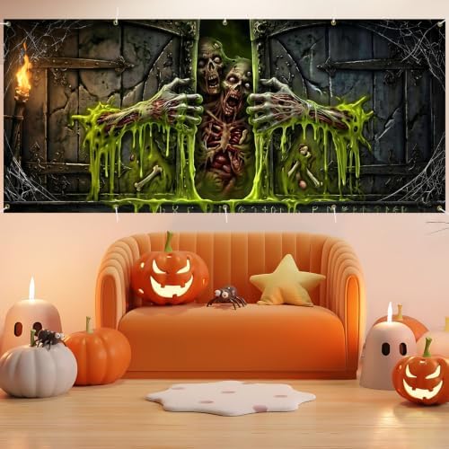 Slime Monster 7 x 16 ft Halloween Garage Door Decorations Halloween decorations Witch Door Cover, Hanging Banner, Cauldron Backdrop Mural for Home, Outdoor, Indoor, Spooky Party, Wall, Window - Image 5