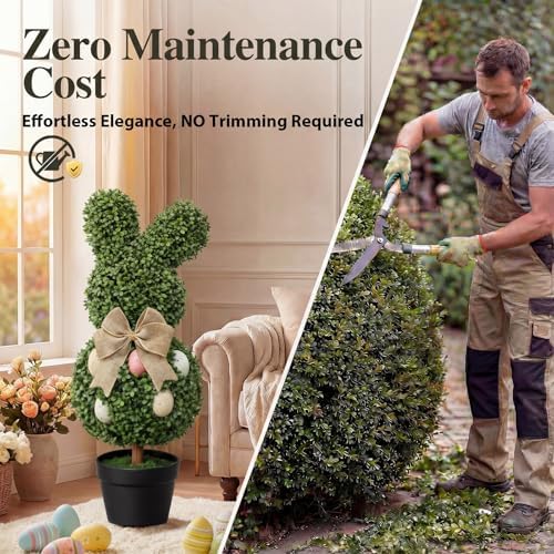 PATIO CHOICE Bunny Topiary Set of 2 UV-Resistant Faux Topiary with Pot Easter Bunny Shaped Decorations for Home Front Porch Outside Garden Decor Indoor - Image 3