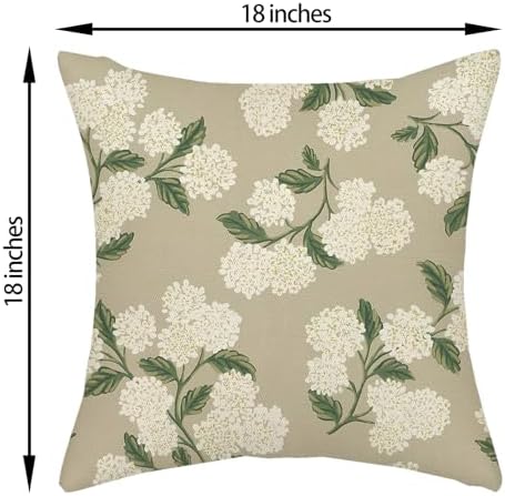 Beige Spring Pillow Covers 18x18 Inch 2 Pcs Khaki Green Hydrangea Flower Decor Throw Pillows Vintage Floral Seasonal Summer Outdoor Decoration Pillowcase Linen Cushion Cover for Couch Sofa - Image 6