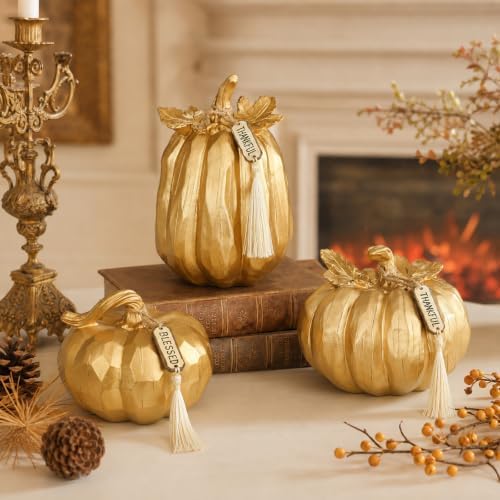 Briful Fall Pumpkin Decor 3 Pcs, Gold Faux Resin Pumpkin Dining Centerpiece - Image 2